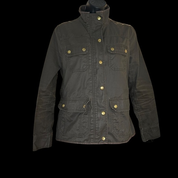 J. Crew resin-coated twill field wax jacket olive green mossy brown w gold snaps - Picture 4 of 13